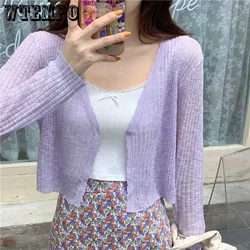 Thin Crop Top Ice Silk Knit Cardigan Sweet Women's Long Sleeve Coat Simple Casual Preppy Style Korean Fashion Sunscreen Clothing