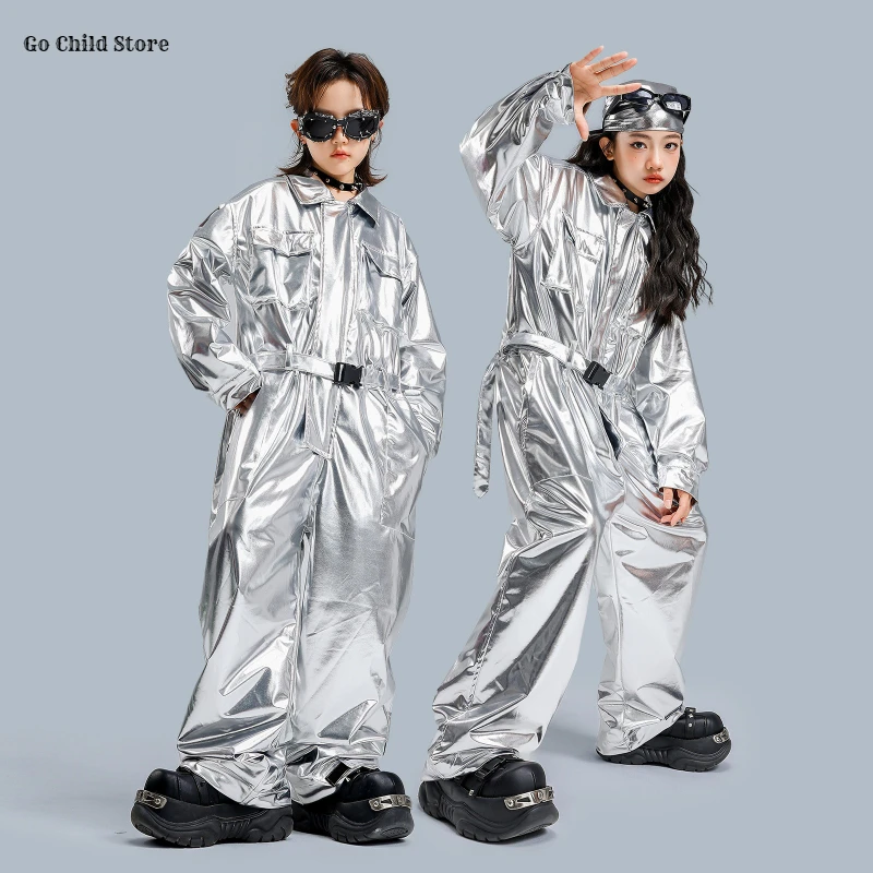 Kids Street Dance Shiny Golden Overalls Rompers Boys Hip Hop Bodysuit Girls Cargo Pants Jumpsuit Clothes Children Streetwear