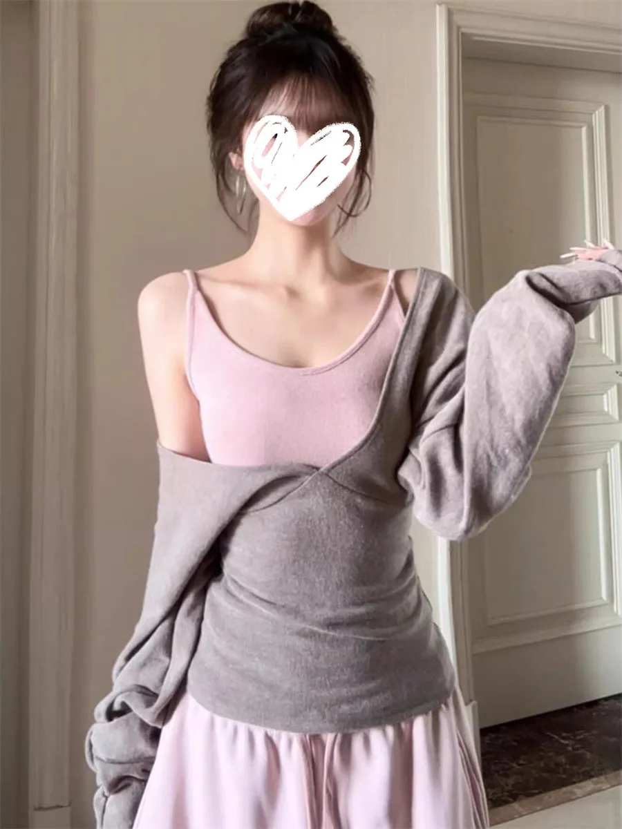 

Весенний женский комплект 2026: элегантный стиль, длинный рукав, облегающий крой, повседневные широкие брюки, три предмета, удобный, с высокой талией, теплый