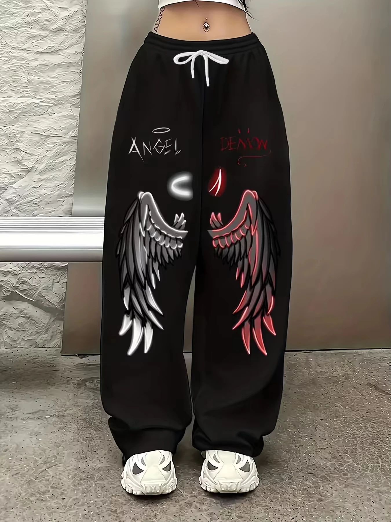 Stylish Angel Demon Wings Graphic Pants Women Quick Dry Fabric Trousers Dark Y2K Loose Streetwear for Vacation & Street Kids