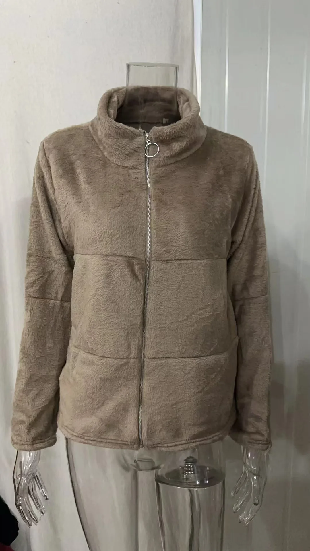 Chaqueta cálida de invierno 2025 para mujer, cárdigan con cremallera, piel sintética, moda, manga larga, cuello levantado, abrigo de felpa para mujer