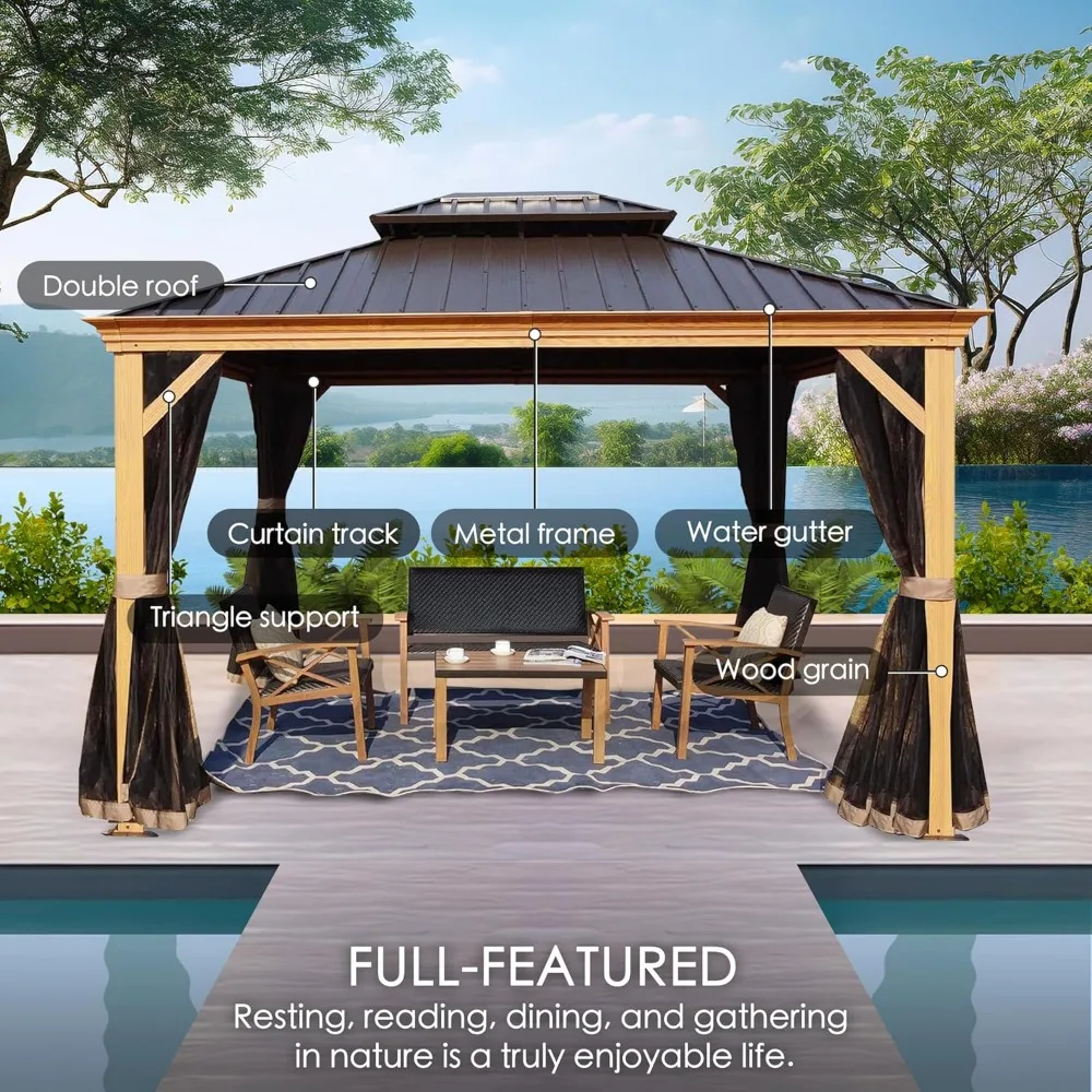 10’x12’ Hardtop Gazebo, Wooden Coated Aluminum Frame Canopy with Galvanized Steel Double Roof, Outdoor Metal Pavilion