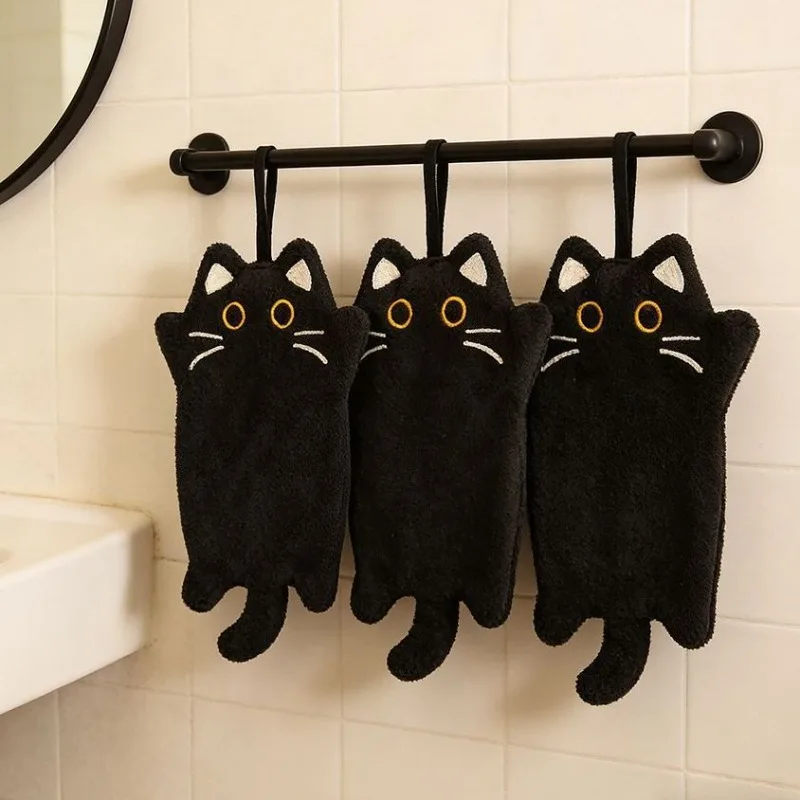 Cute Black Cat Hand Towel Hanging Thick Absorbent Coral Fleece Towel for Kitchen Bathroom Home Use Household Goods