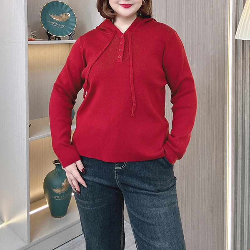 

4XL Plus Size Women's Sweater Autumn And Winter Red Hooded Long Sleeve Pullover Jumpers H251