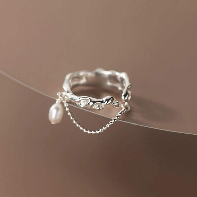 

100% 925 Silver Double Layer Irregular Cross Pearl Ring Women's Simple Fashion Geometric Opening Adjustable Jewelry