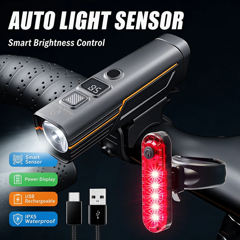 OFFBONDAGE 2 Sets Bicycle Light Front Rear Smart Sense Light USB Rechargeable MTB  Bike Lamp Bike Headlight Cycling Rear Light