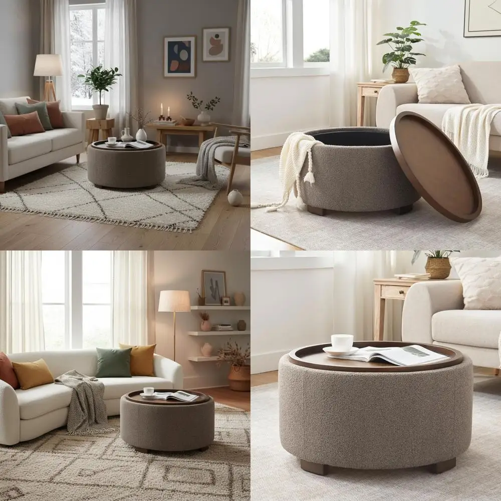 

30 Inch Round Storage Ottoman Coffee Table with Fabric Lid and Wooden Legs for Living Room or Bedroom (Brown)