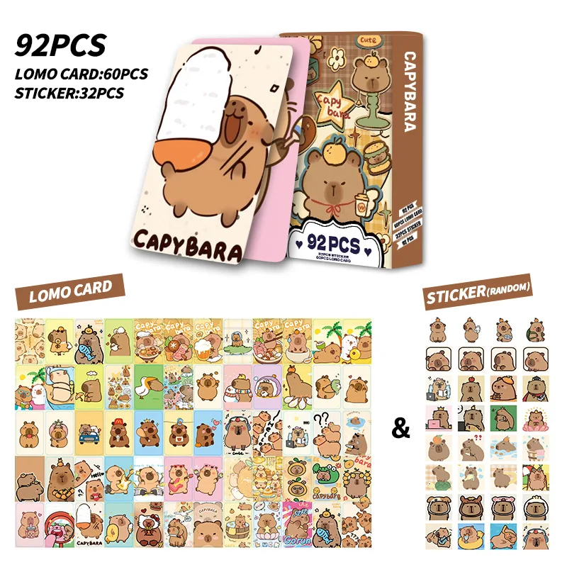 92PCS Kawaii Kapibala Capybara Lomo Card Anime Cute Doll Guinea Pig Double-sided Hd Color  Glitter Collection Cards