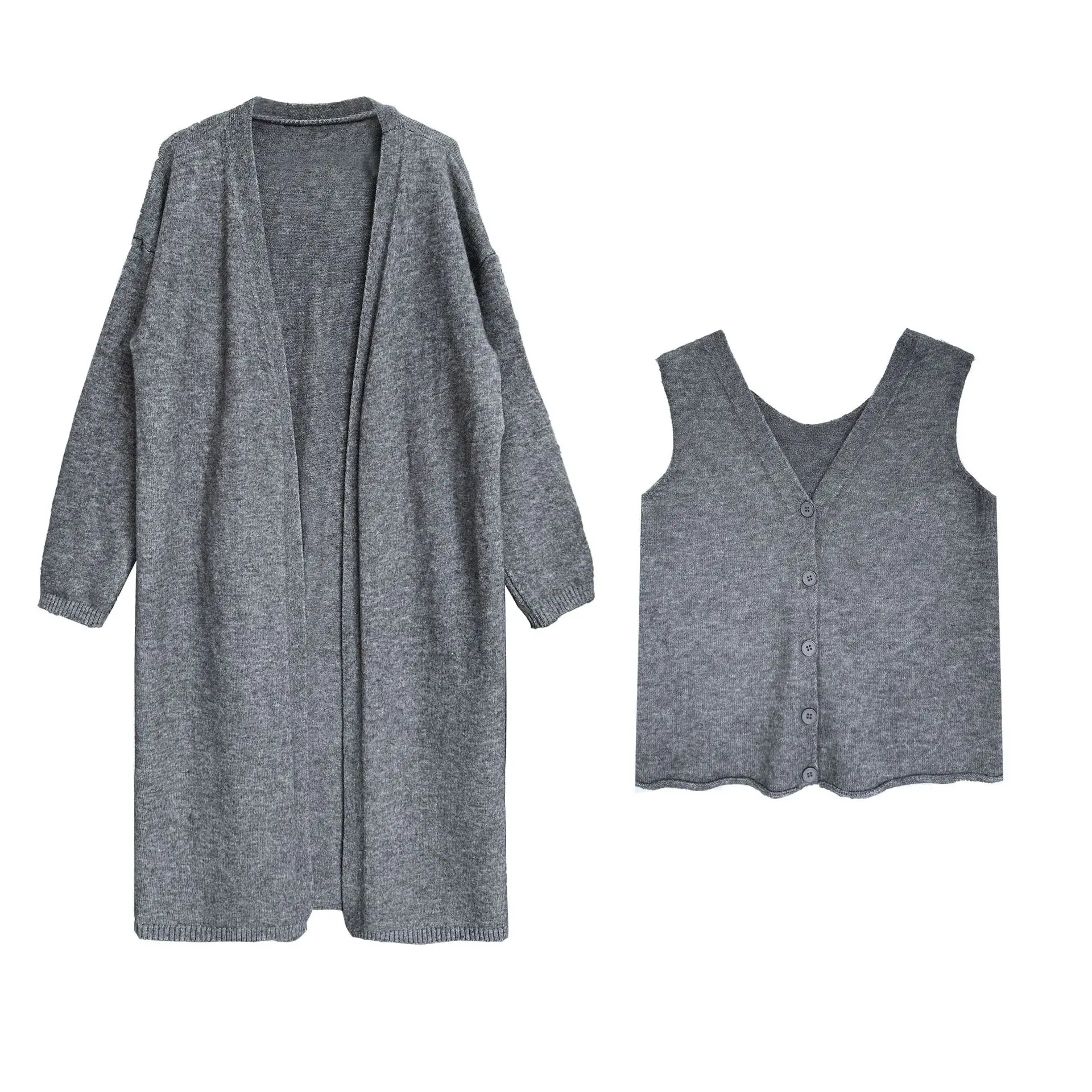 

Korean long knitted cardigan+vest vest vest two-piece set, autumn and winter minimalist design lazy sweater set