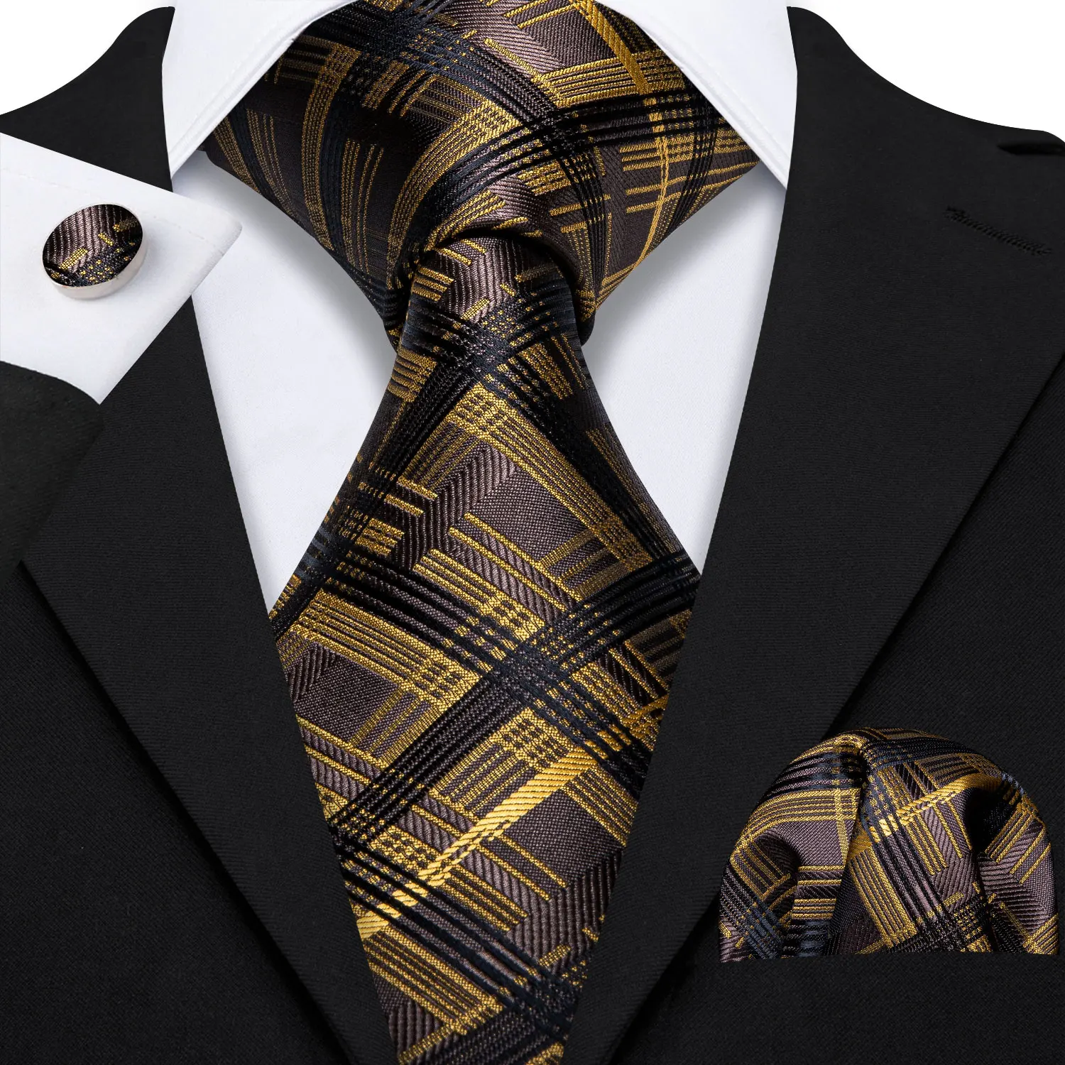 Corbatas de Diseño para Hombre, Color Marrón, Dorado y Negro, con Estampado Floral, Juego de Corbata, Pañuelo de Bolsillo y Gemelos, Regalo de Boda, Corbatas Barry·Wang 5212