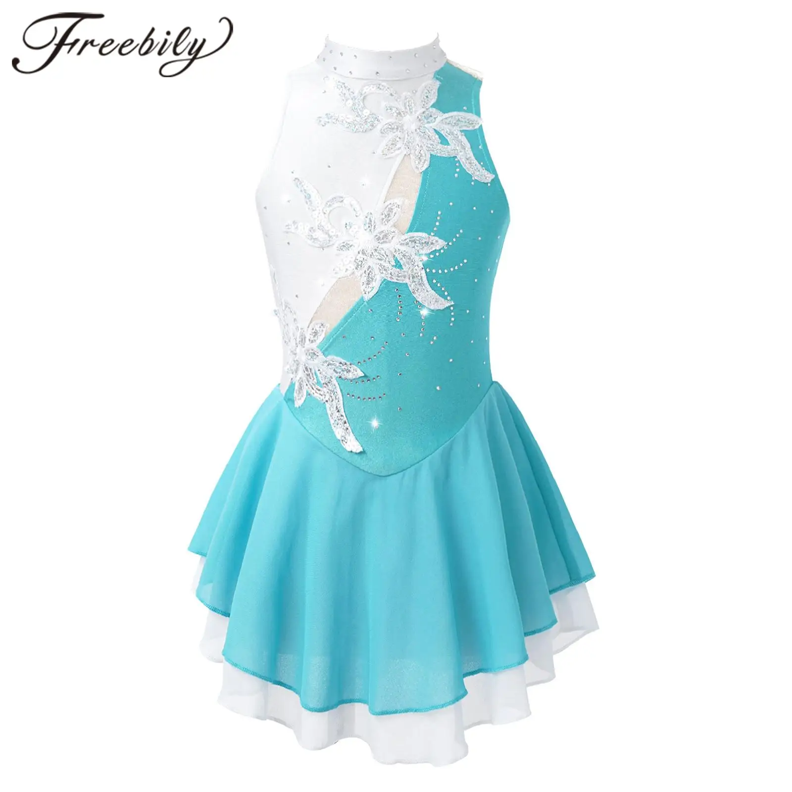 Kids Girls Figure Skating Dress Sequins Floral Ice Skating Clothes for Dance Competition Stage Costume Ballet Gymnastics Leotard