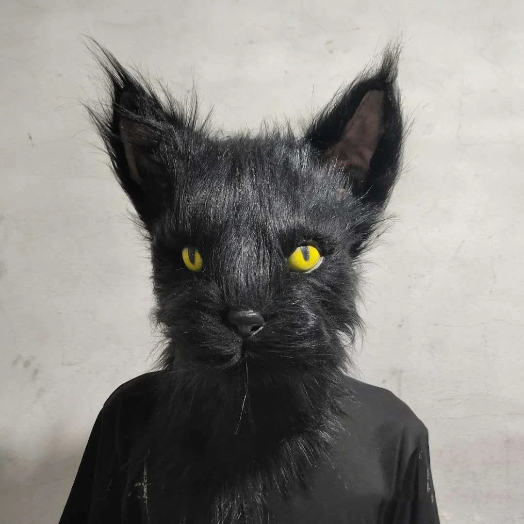 

Latex with Fur Black Cat Cosplay Mask Scary Helmet Animal Funny Costume Hood Hair Mask Headwear Adult Halloween Party Props