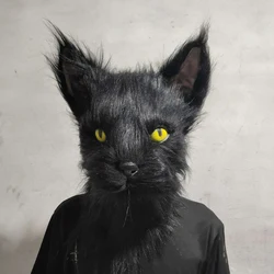 Latex with Fur Black Cat Cosplay Mask Scary Helmet Animal Funny Costume Hood Hair Mask Headwear Adult Halloween Party Props