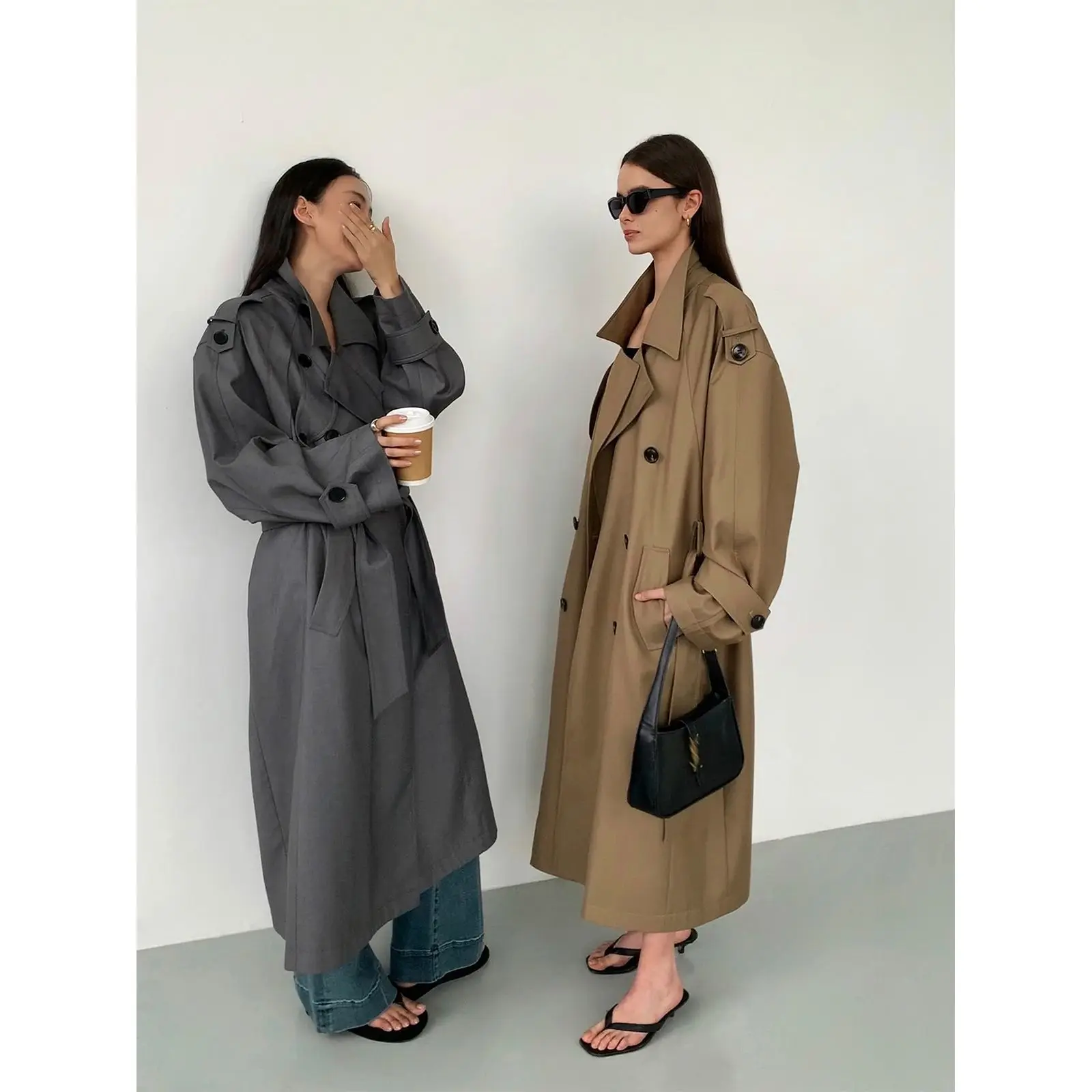 2025 New Spring Autumn Y2k Oversized Khaki Long Grey Trench Coat for Women Double Breasted Loose Casual Korean Fashion Overcoat
