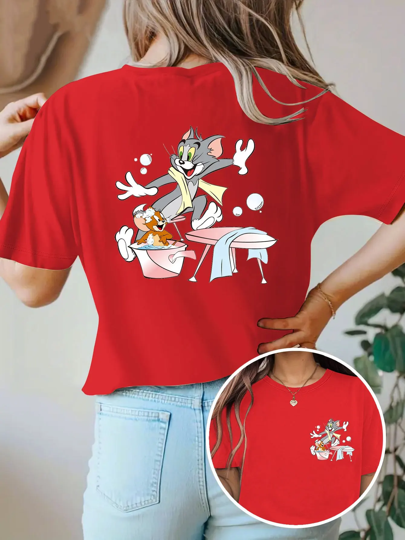 توم وجيري طباعة المرأة تي شيرت قصير الأكمام القطن تيز الكرتون توم وجيري المرأة تي شيرت ماركة ملابس الصيف Y2k القمم #5