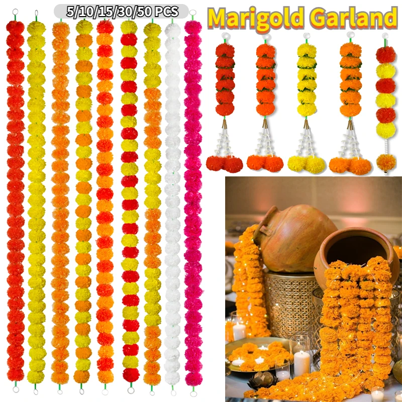 

5-50 PCS Marigold Garland Wedding Diwali Decoration Day of the Dead Faux Garlands Wedding Garlands Indian Decor for Prayer Fest
