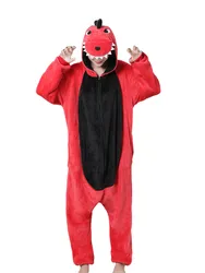 Red Tyrannosaurus Rex Dinosaur Kigurumi Animal Cosplay Costumes Adults Flannel Onesie One piece Pyjamas Halloween Carnival Party