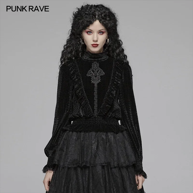 PUNK RAVE Women\'s Gothic Stand Collar Velvet Gorgeous Black Shirt Victorian Vintage Christmas Halloween Party Women Blouses