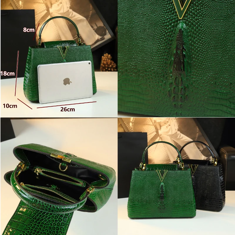 Luxury Genuine Leather Women\'s Handbags Fashion Lady Shell Bag Crocodile Pattern 2023 New Shoulder Messenger Bags Green Black