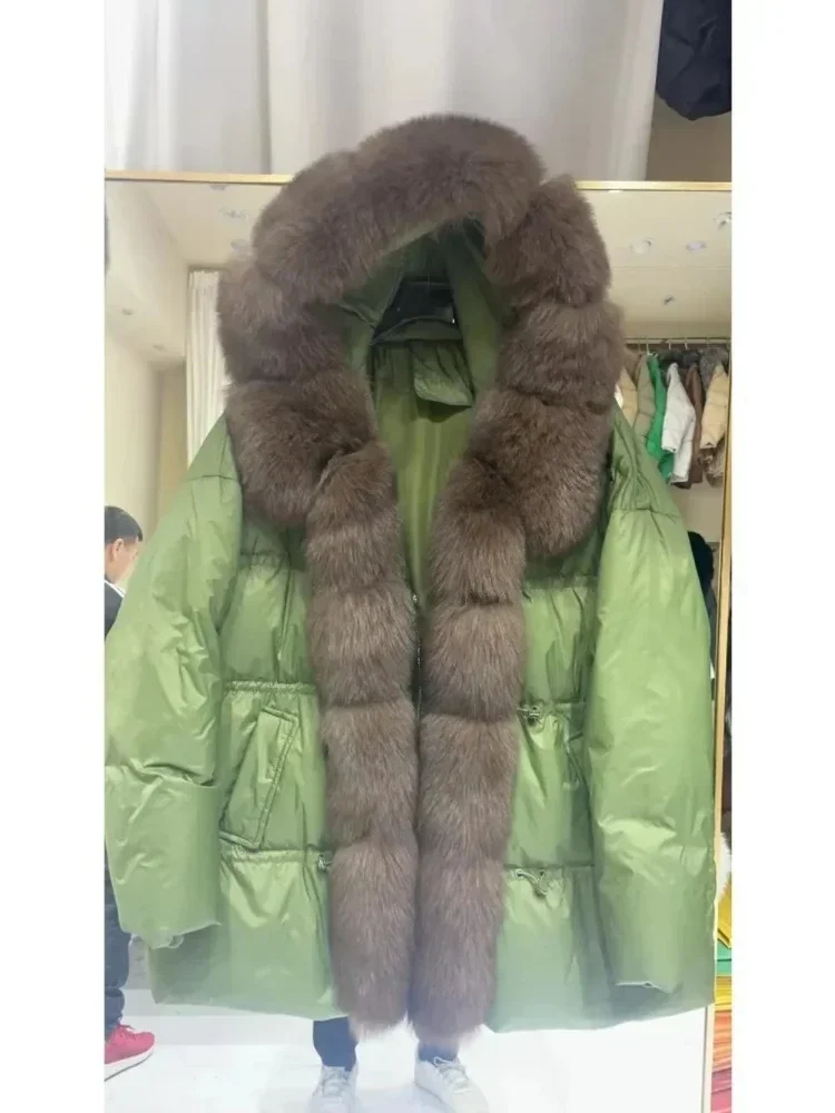 New Winter Autumn 2025 Female Fashion Hooded Warm White Duck Down Coat Thick Natural Fox Fur Coat Women Real Fur Puffer Jacket
