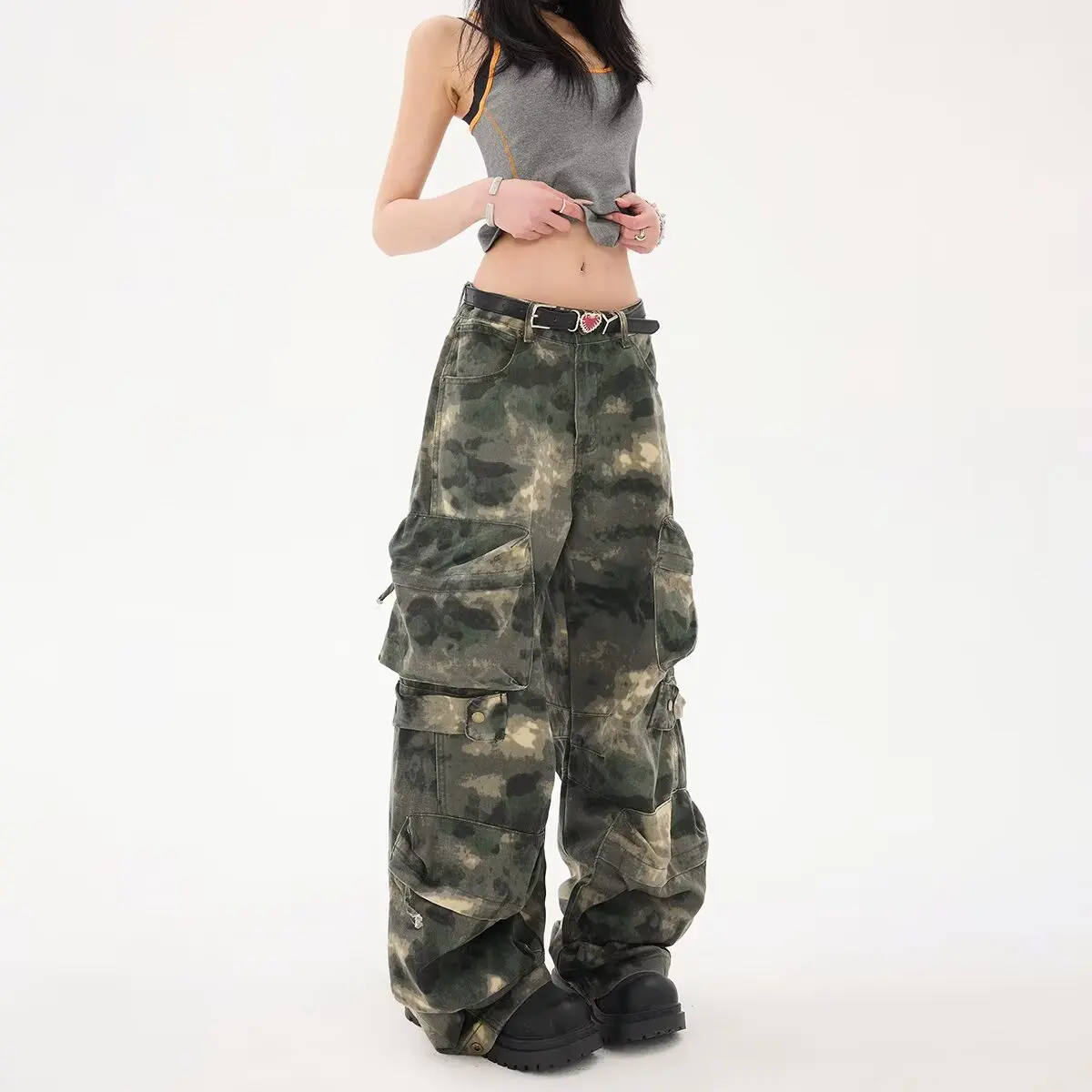 Mulheres y2k camuflagem carga jeans vintage cintura alta hip hop calças de perna larga multi bolsos feminino baggy calças jeans retas