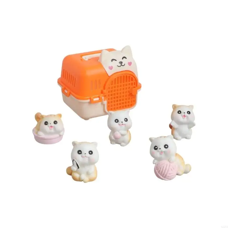 1:12 Doll House Scene Decoration Set with Miniature Cats Carriers and 5 Figures for Display Layouts and Use Indoors