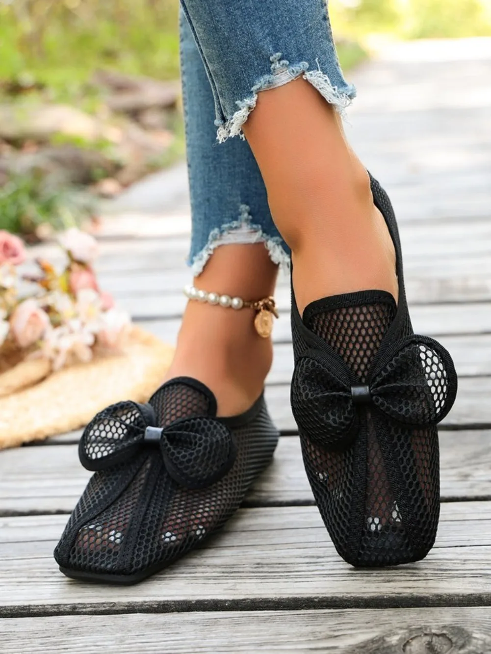 Retro Flache Schuhe Sommer Neu Quadratische Spitze Fischernetz Atmungsaktiv Hohl Ausgefallene Slip-on Baotou Halbpantoffeln Größe 42 – Detail 30