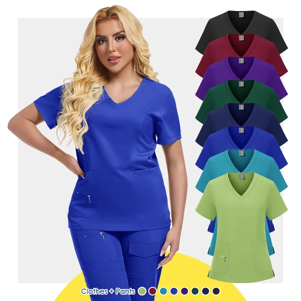 Hospital medical staff, dentist, beauty salon, work uniform, new short-sleeve V-neck shirt + sportswear for men and women