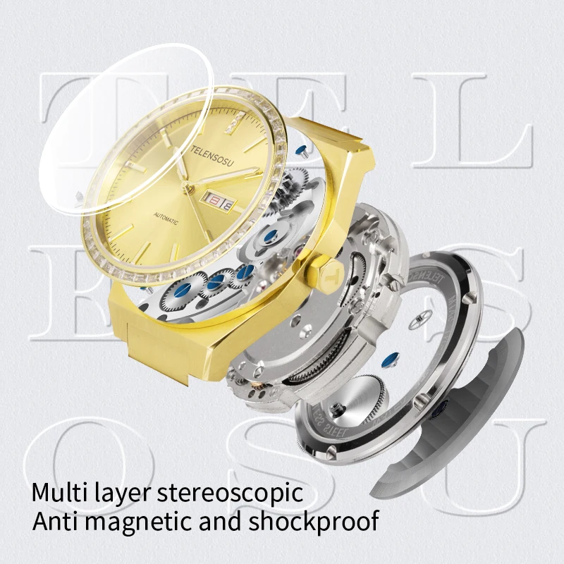 TELENSOSU ساعة رجالي تقويم مزدوج ساعة ميكانيكية أوتوماتيكية إطار الماس اليابان MIYOTA8205 ساعة ياقوت فاخرة 8803