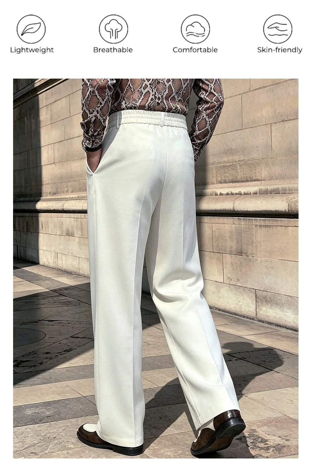 Herren-Hose für Frühling und Herbst, einfarbig, gewebt, mit Falten, Knopfakzent, elastischer Bund, gerades, lockeres Bein, schöner Fall, knitterfrei. – Detail 5