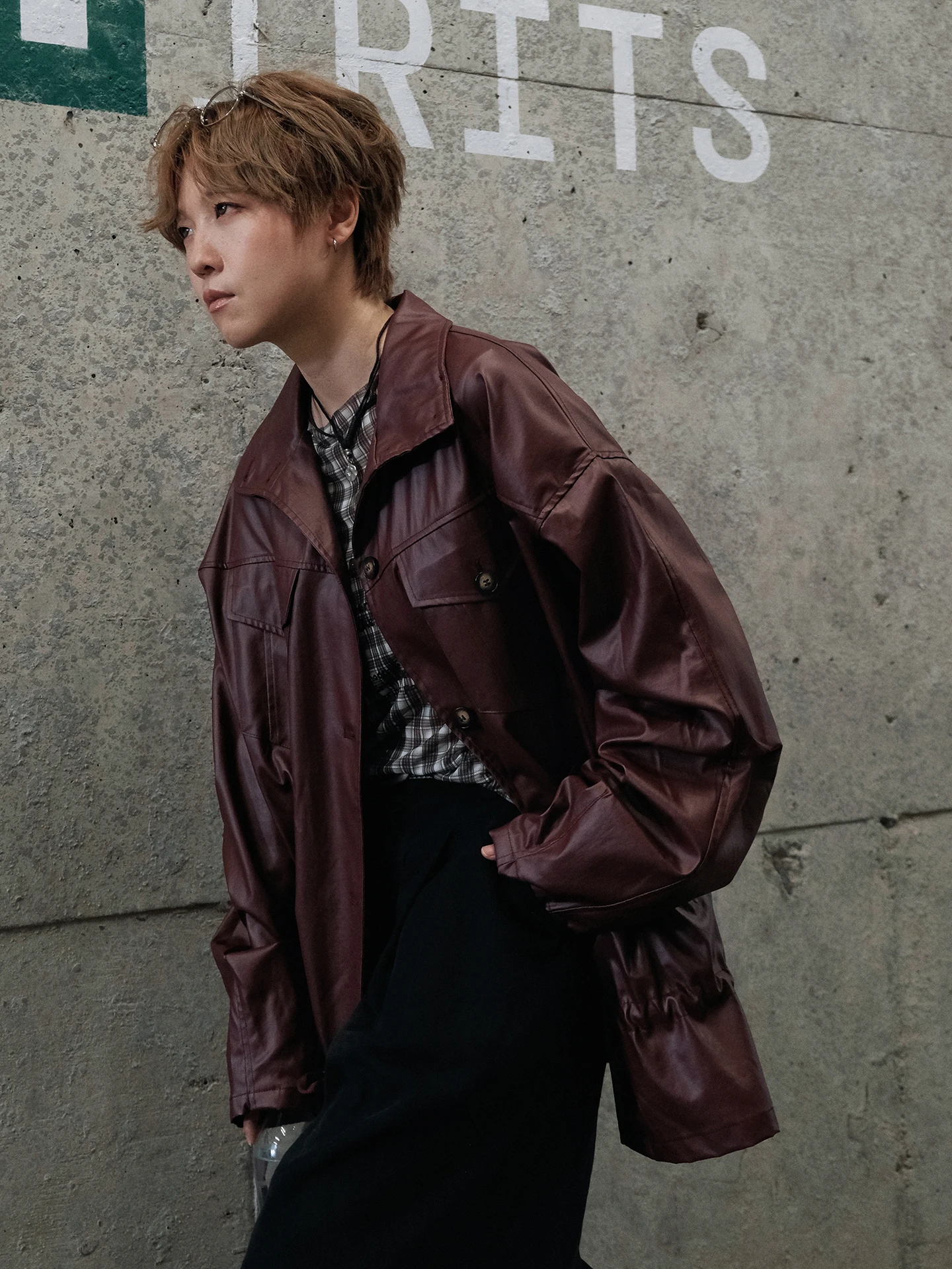 STILLYOU Original Retro Stand Collar Faux Leather irt Sle Jaet Loose Thin Medium Length Coat for Women Polyester Fiber