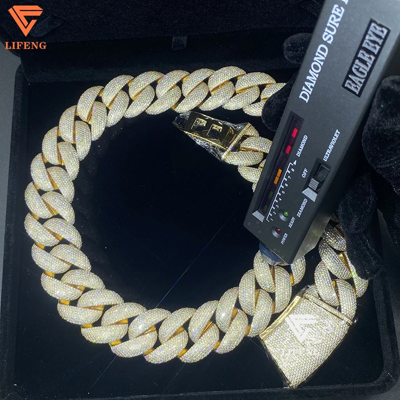 23mm Hip Hop Gold Plated Bubble Cuban Link Chain Iced Out 925 Silver VVS Moissanite Diamond Custom Necklace Fine Jewelry for Men