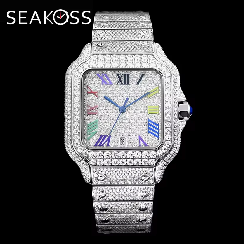 

SEAKOSS 40mm Luxury Hip Hop Iced Out Watch Diamond Automatic Mechanical Wristwatch Stainless Steel Moissanite Watches for men