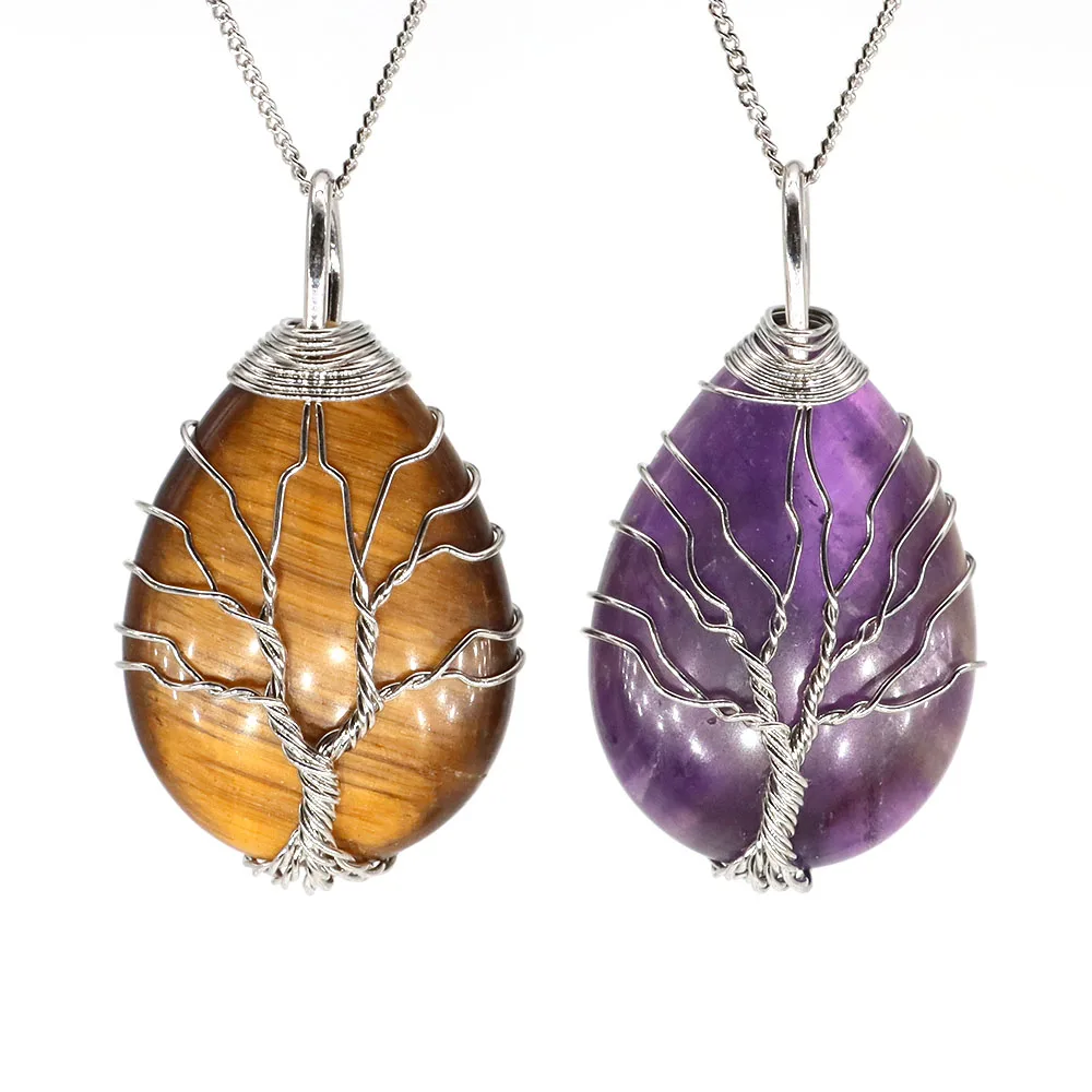 Tree Of Life Water Drop Pendant Necklace Wire Wrapped Natural Stone Crystal Amethyst Reiki Healing Energy Gems Love Jewelry Gift