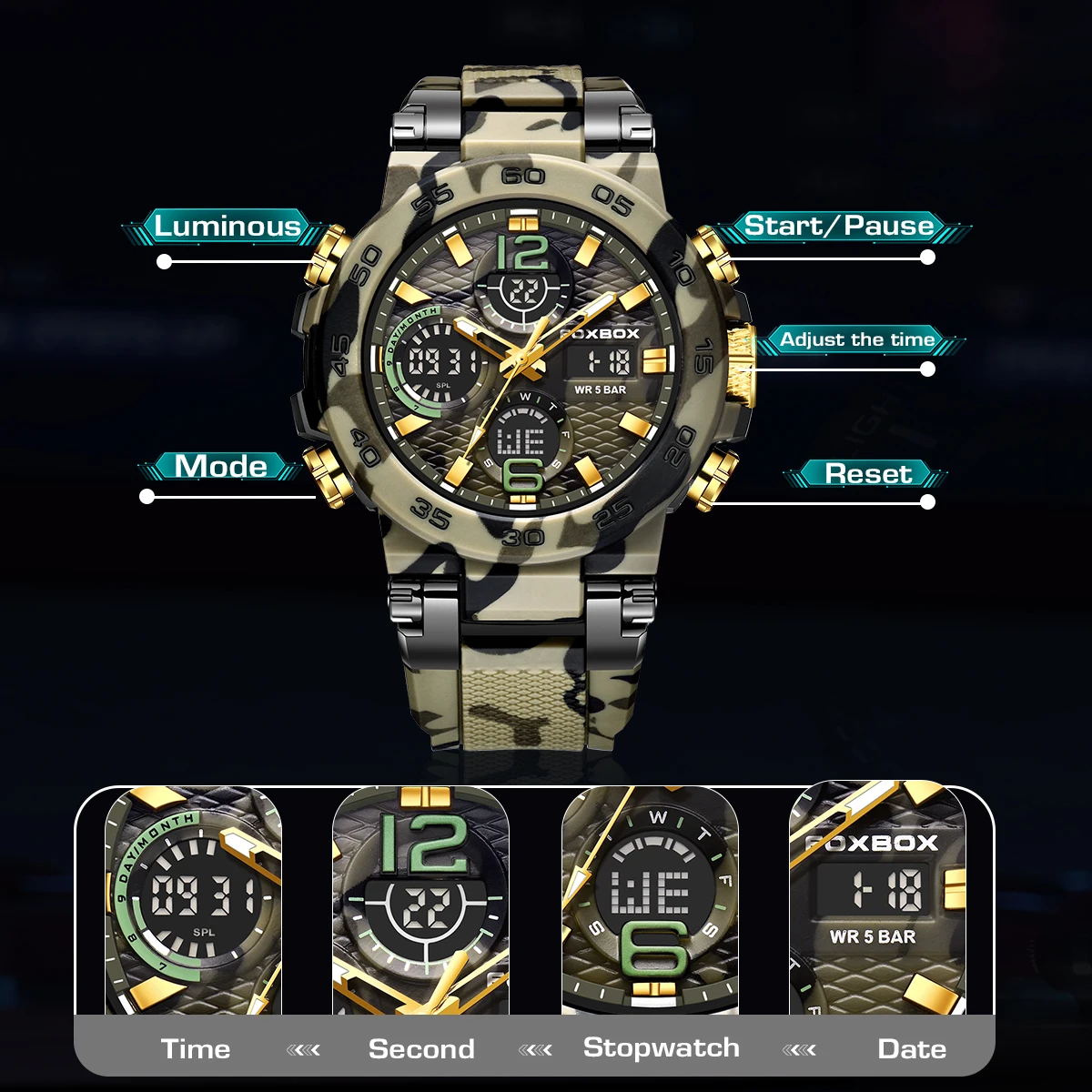 FOXBOX Military Digital Watch for Men Camouflage Waterproof Wristwatch Mens Shockproof Sport Quartz Tactical Clock Montre Homme