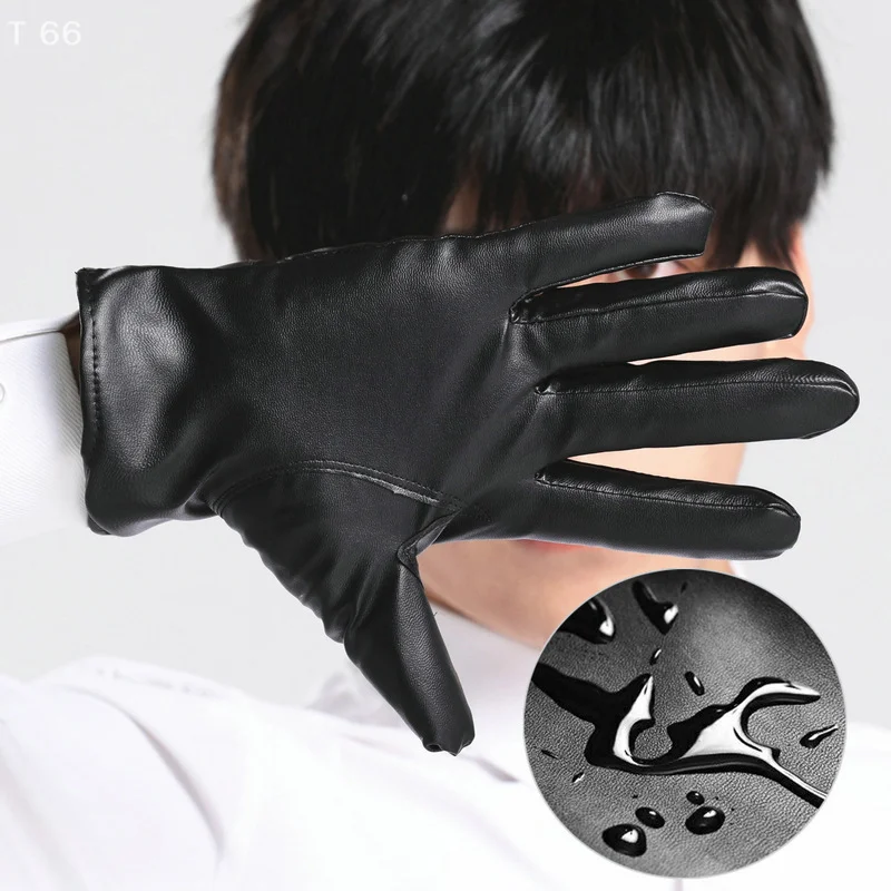 2Pcs Fleece Tactical Gloves Black Outdoor Sports Waterproof Mitten Men's PU Leather Winter Autumn Driving Keep Warm Gloves