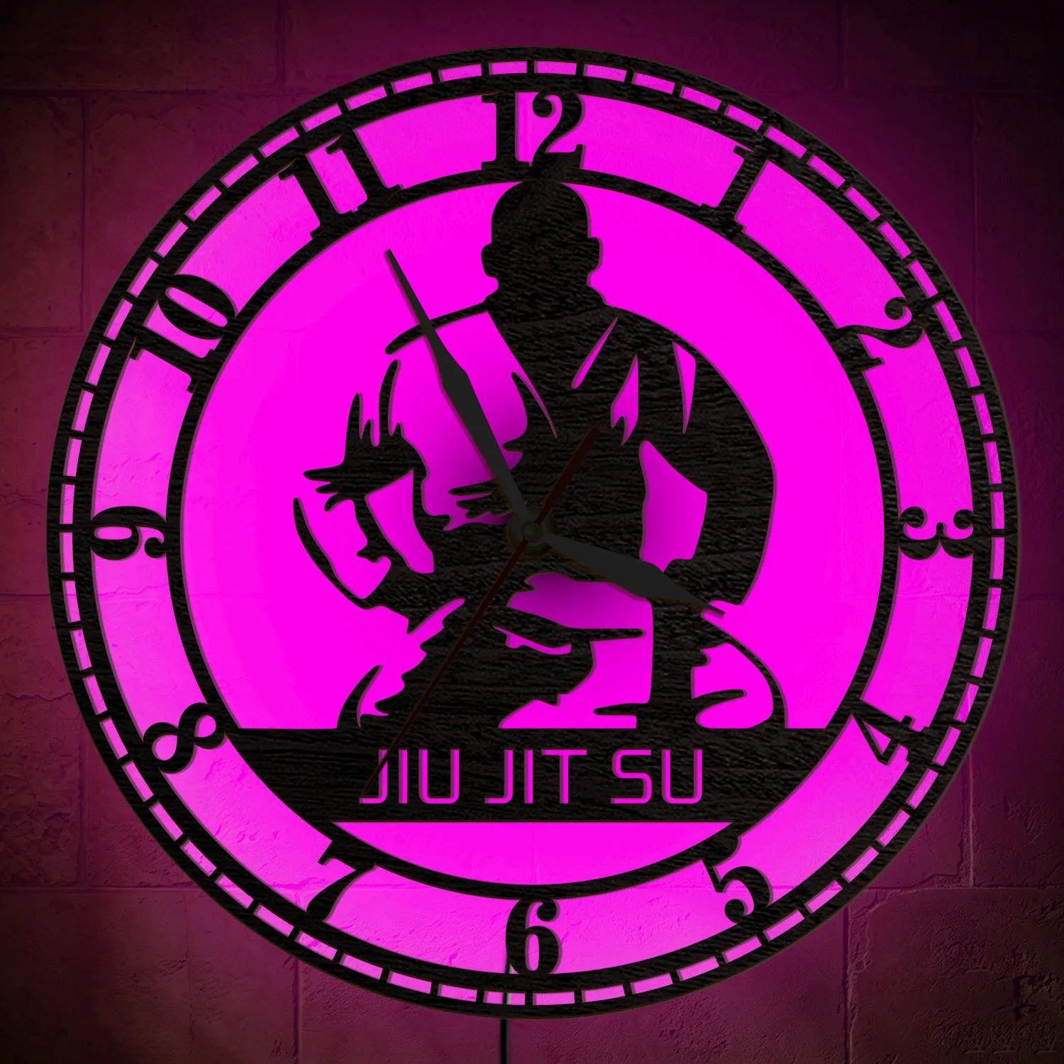 Brazilian Jiu Jitsu LED Wall Clock for Dojo Gym Training Room Combat Sport Martial Arts Decorative Night Light Wooden Wall Clock
