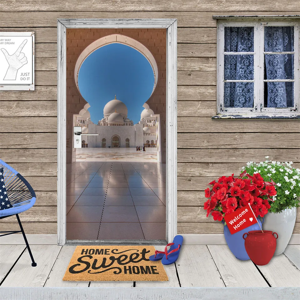 Retro Muslim Style 3D Door Sticker Self-Adhesive Vinyl Wall Sticker Home Design Decoration Wallpaper Custom Size Furniture Decal