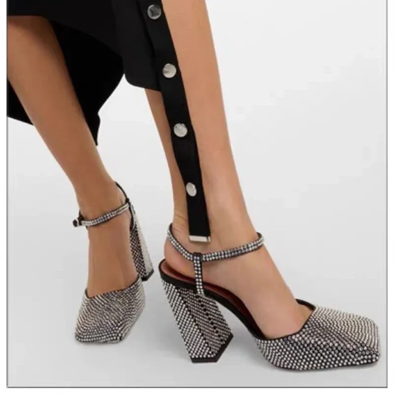 Rhinestone Thick High Heels and Toe Sandals for Women, Retro Mary Jane Single Shoes, Fashionable and Sexy, European and American