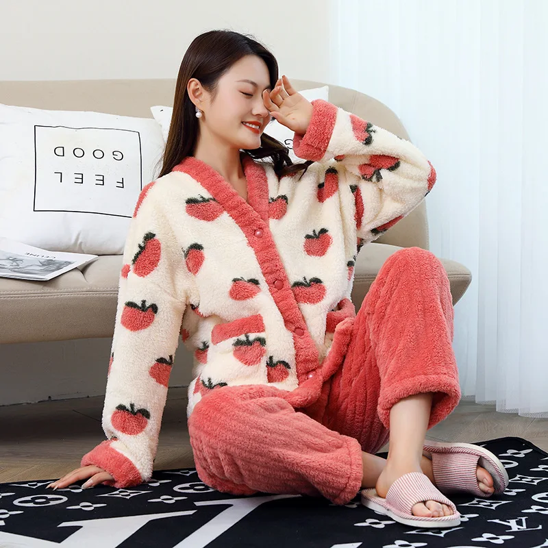 Autumn Winter Warm Flannel Women Pyjamas Set Peachthick Coral Velvet Long Sleeve Pajamas Set Leisure V-Neck Sleepwear for Lady