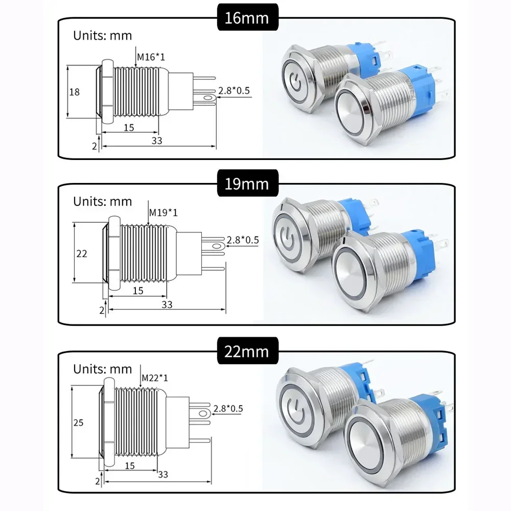 12mm 16mm 19mm 22mm Metal Push Button Switch Flat Head 1NO1NC Start Stop LED Light Red Orange Blue Green White 3v 12v 24v 110v