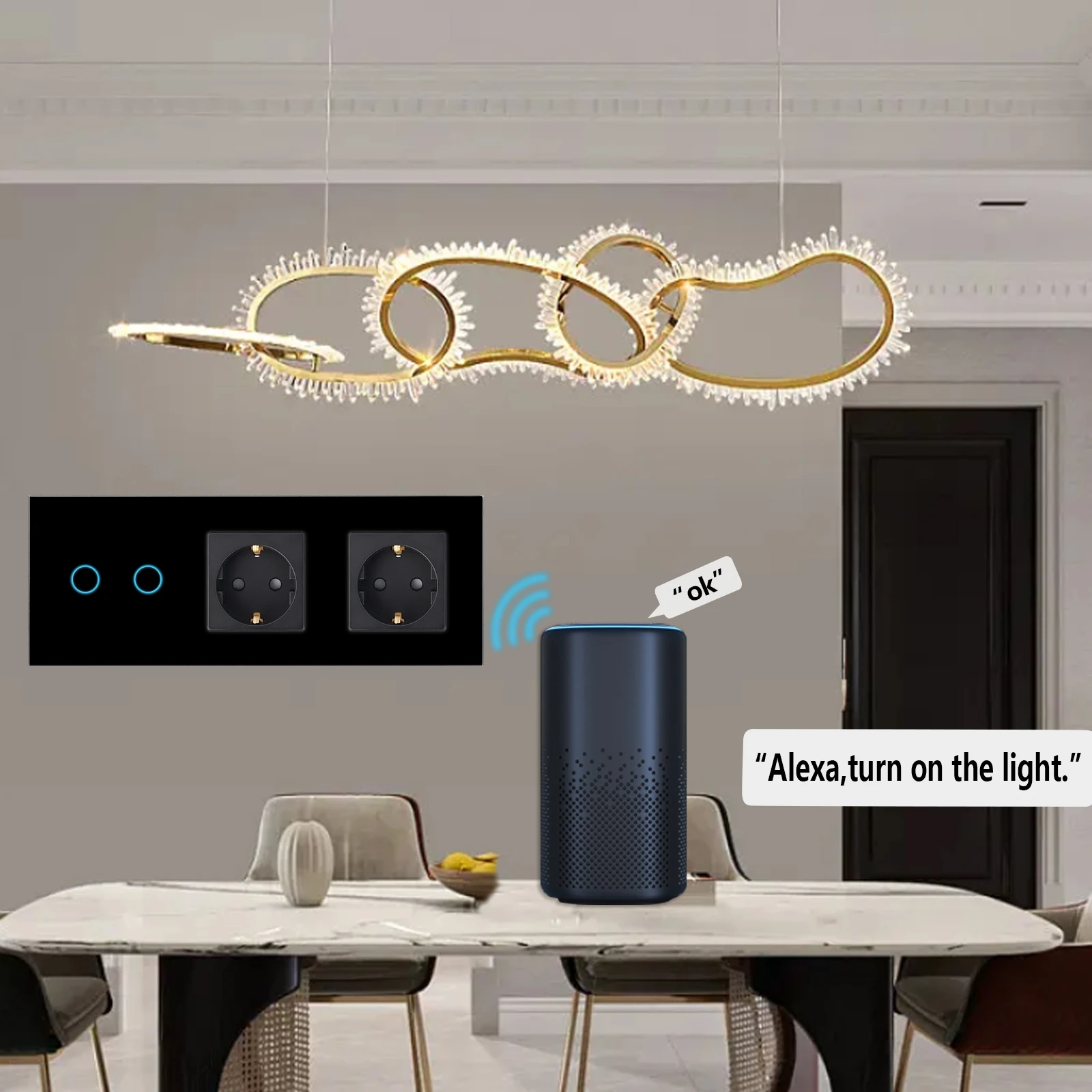 Normal Socket With WiFi Light Switch, Work With Alexa Tuya, Glass Touch Screen,2x1Way, 16A Double Socket, Neutral Line Required