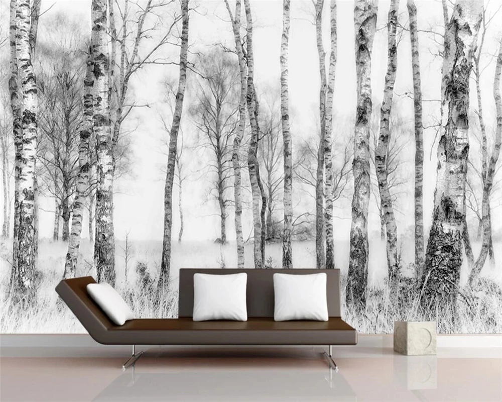 Customized wallpaper photo black white hand drawn white birch wood tree mural Living room TV background wall bedroom restaurant