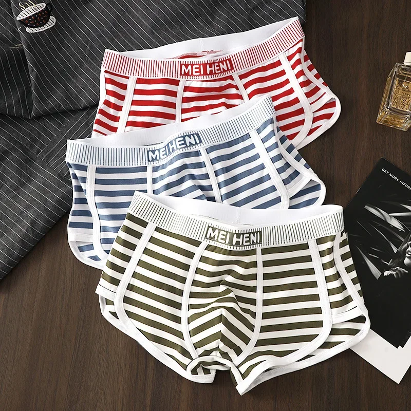 Striped Cotton Boxer Briefs Men Sexy U Convex Pouch Underwear Breathable Shorts Male Soft Bulge Bag Panties Lingerie Underpants