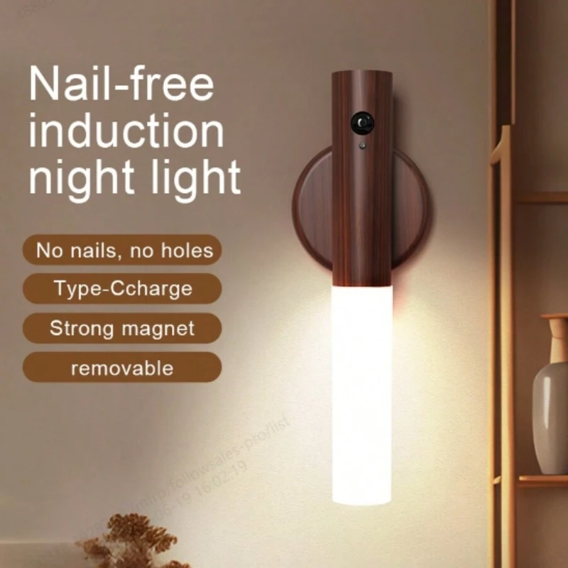 

Creative LED Wood Wall Light Motion Sensor Type-C Charger Night Lamp with Magnetic Kitchen Cabinet Light Staircase Lighting Lamp