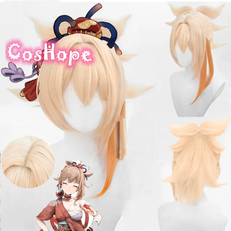 Yoimiya Cosplay Wig 45cm Wig Yellow Wig Cosplay Anime Cosplay Wigs Heat Resistant Synthetic Wigs Hair Halloween