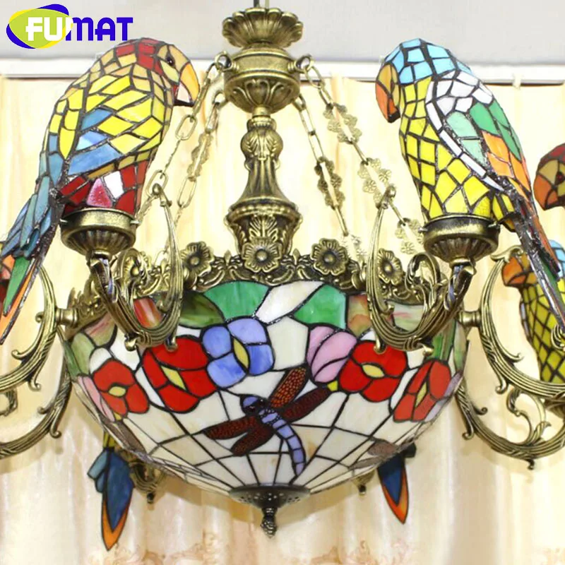 FUMAT Parrots Bird Chandelier European Retro Stained Glass Suspension Lamp Living Room Hanging Light Fixtures Pendientes Lustre