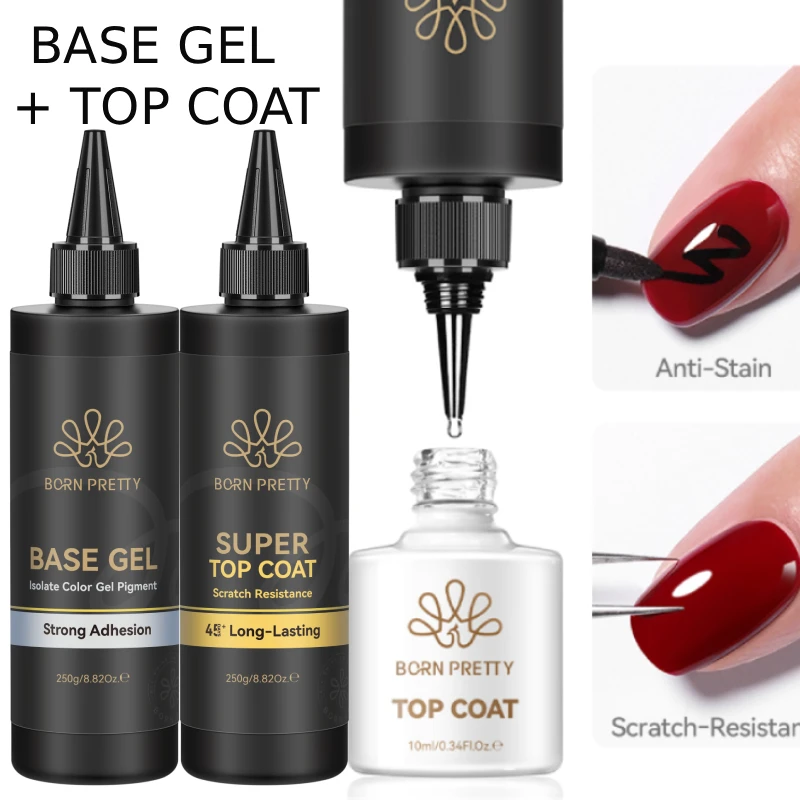 BORN PRETTY 2PCS Base Gel &Top Coat 250g Big Volume Long Lasting =Glossy Shine Nail Prep Nail-PrimerSoak Off Nail Art Varnish
