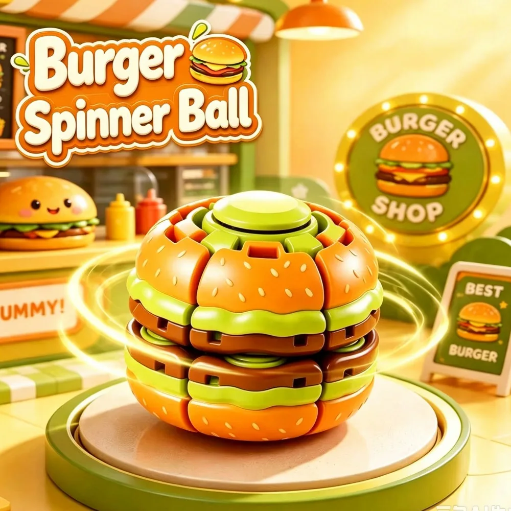 3D Cute Hamburger Press and Spin Ball Novelty Stress-Relief Fidget Spinner Toy Office Classroom Portable Stress-Relief Gadget