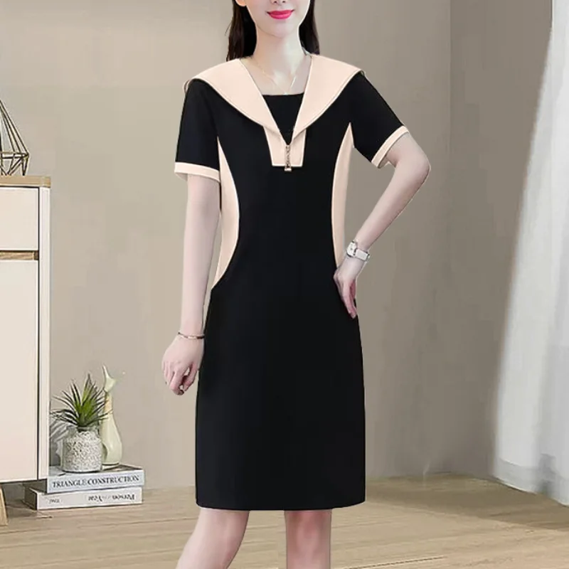 

2023 New Summer Fashionable Navy Collar Panel Zipper Slim Fit Contrast Color Slim Casual Commuter Versatile Women's Dress